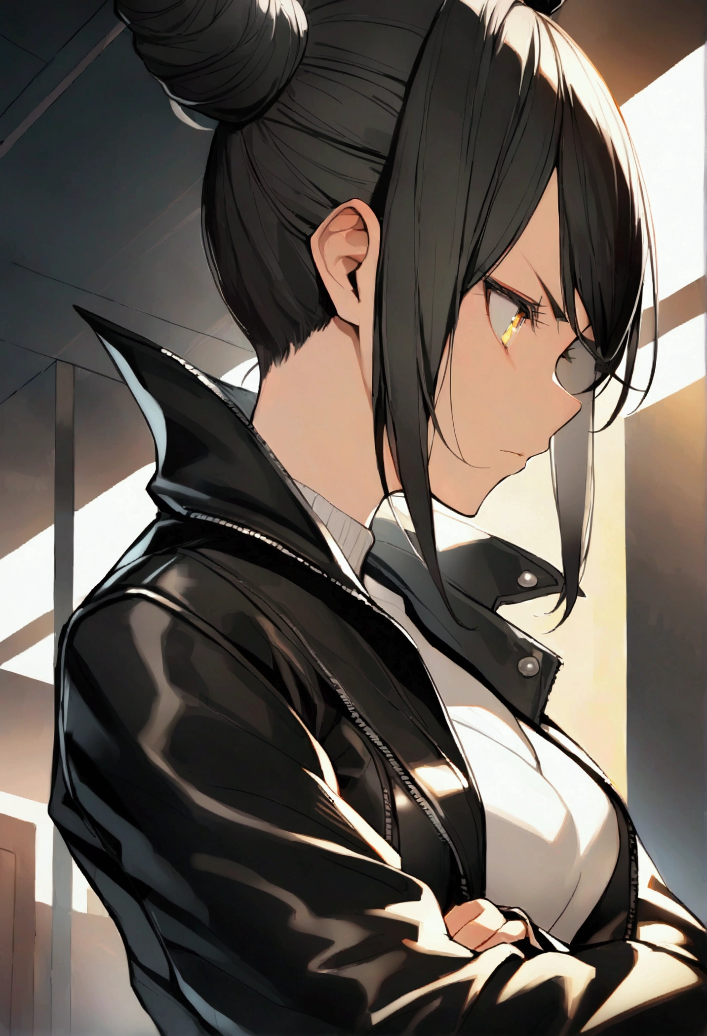 side profile, Juri Han,beautiful young warrior , with a very detailed and beautiful face, gorgeous eyes, gorgeous eyes, gorgeous face, beautiful young woman wearing long black leggings with black details, usando leather jacket preta, standing in an office, wearing black boots, horn hair, with black fringe, , sorriso Malignant ,white sweater with strap around, serious look,usando leather jacket preto, leather jacket,staring overhead,yellow lighting, Malignant,crossed arms,side profile

