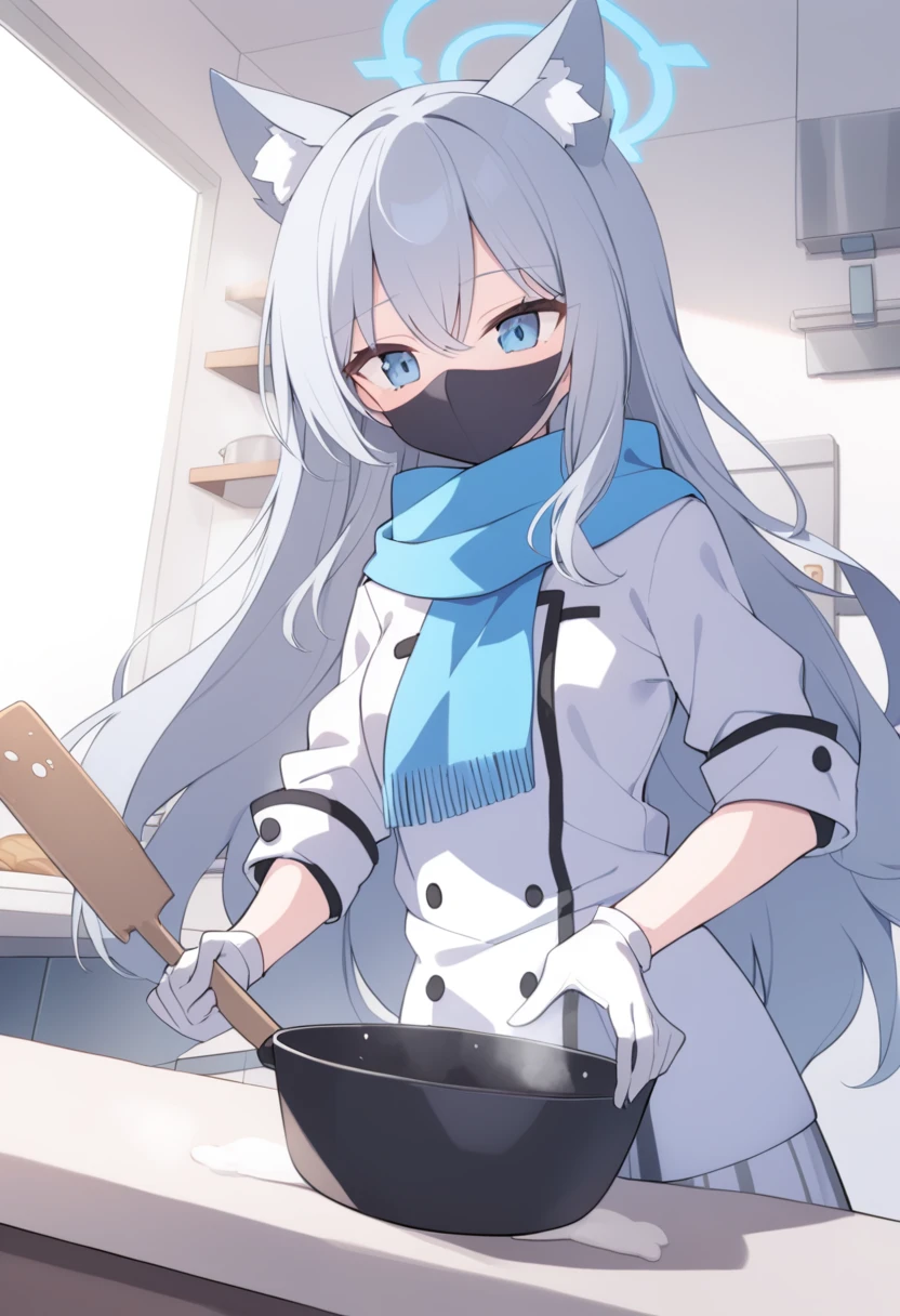 girl,Silver long hair, blue eyes, Put on chef uniform,Wearing a black mask,A sky blue scarf, White gloves, and white plaid skirt, in the kitchen,blue halo,Chef Hat,Gray wolf ears,Take a spatula,Holding the pot