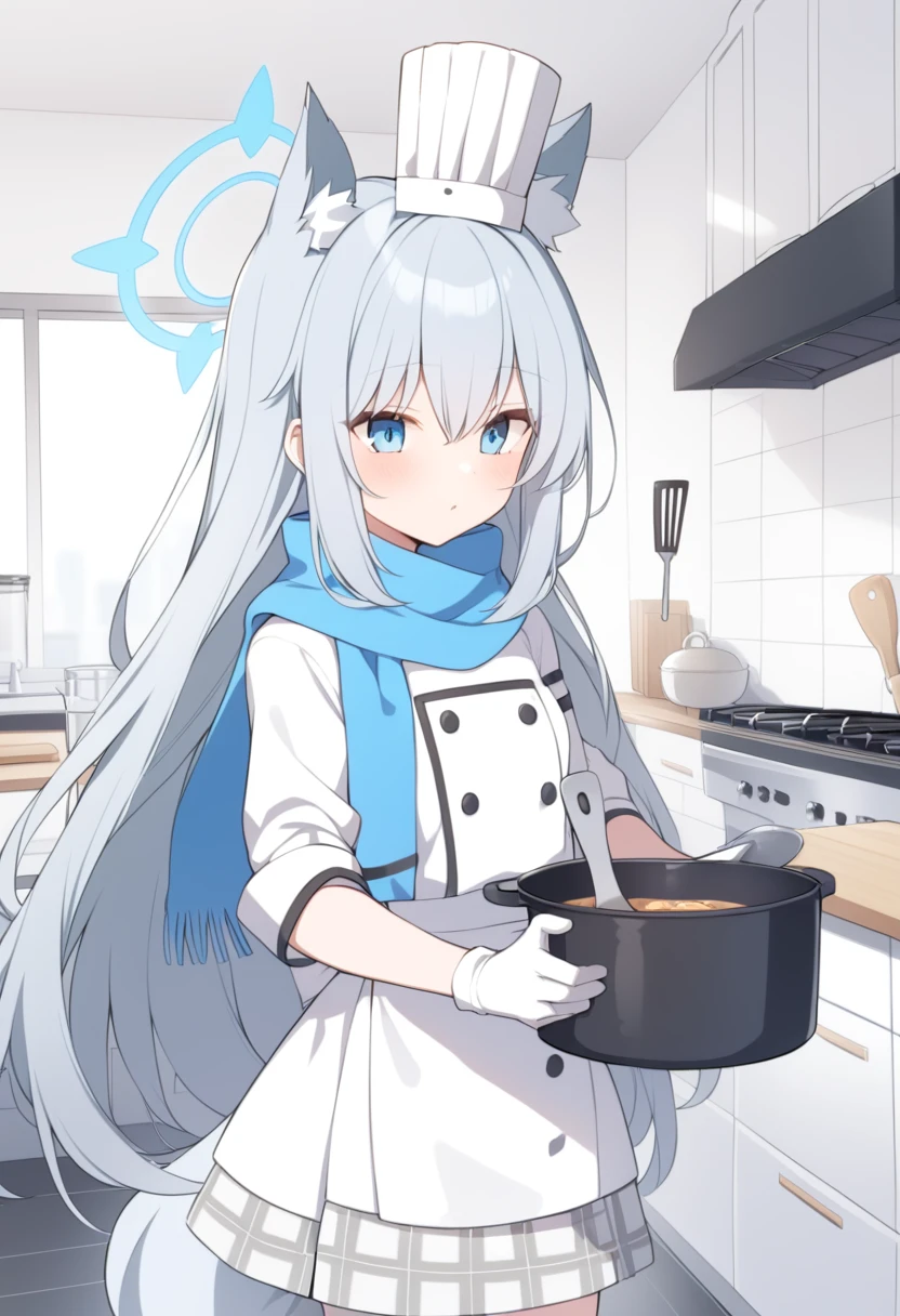 girl，Silver long hair, blue eyes, Put on chef uniform,Wearing a black mask，A sky blue scarf, White gloves, and white plaid skirt, in the kitchen，blue halo，Chef Hat，Gray wolf ears，Take a spatula，Holding the pot