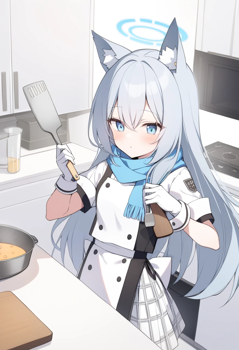 girl,Silver long hair, blue eyes, Put on chef uniform,Wearing a black mask,A sky blue scarf, White gloves, and white plaid skirt, in the kitchen,blue halo,Chef Hat,Gray wolf ears,Take a spatula,Holding the pot