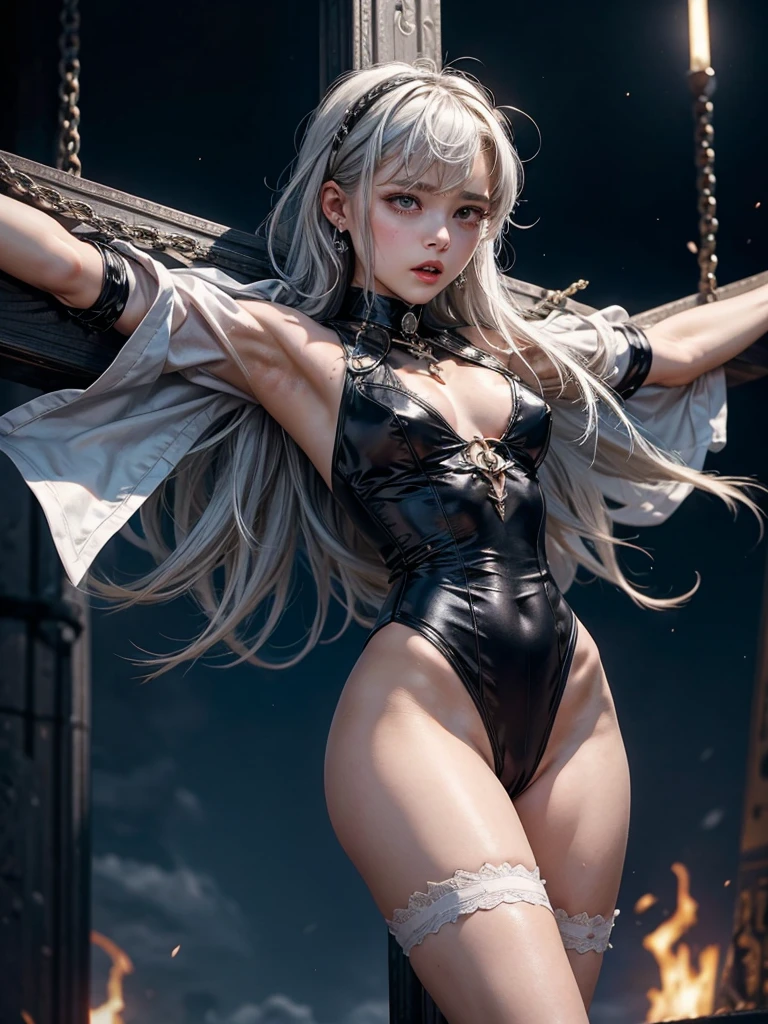 （（high quality、masterpiece、detailed、normal body、５This finger、precise、delicate））、Magical girl（（silver hair、Colored leotard armor with white as the base color、super uper high leg、transparent leotard、iron collar、torn leotard、torn leotard、Estrus、Aphrodisiac effect、Erogenous zone sensitivity 100 times、nipple erection、clitoral erection、orgasm、Pupil is heart））、Defeated heroine、The leotard is torn and there is a hole.、Stretch your arms from side to side、defeated and crucified、crucified on the cross、Crucifixion in chains、restrained by chains、open your mouth、shortness of breath、white breath、A sweet sigh、Ahe face with white eyes turned、slave collar、leash collar、strict collar、iron collar、Slave Fall、fall of pleasure、belly exposed、Dirty crest on the abdomen、The lewd crest shiney body is on fire、rotor on nipple、rotor on clitoris、Orgasm brings you to the height of happiness