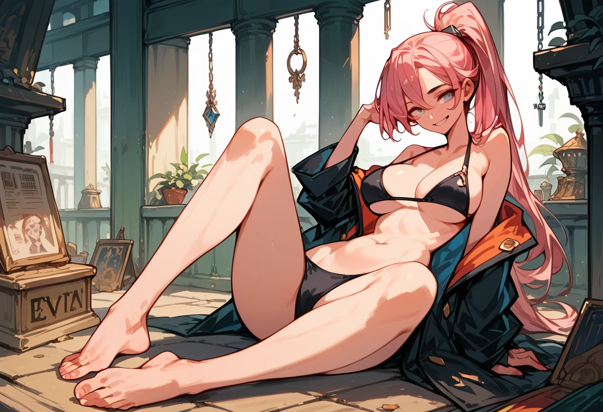 Masterpiece , best quality , Masterpiece , best quality , 1 woman , sly face , Pink ponytail , sly face , smile , black bikini , abdomen , big breasts , Long legs , Barefoot , Sit down on the ground...... , spread your legs , prison cell