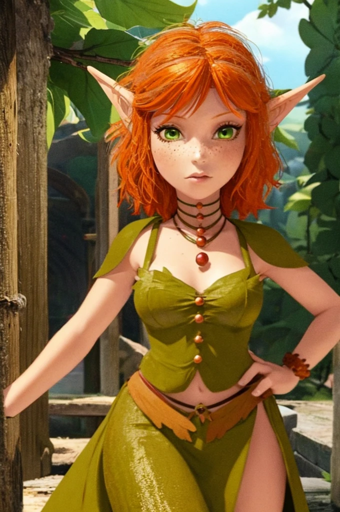 Princess Selenia - Arthur and the Invisibles, cute sexy orange hair elf girl, freckles, green eyes, green dress made of leaves