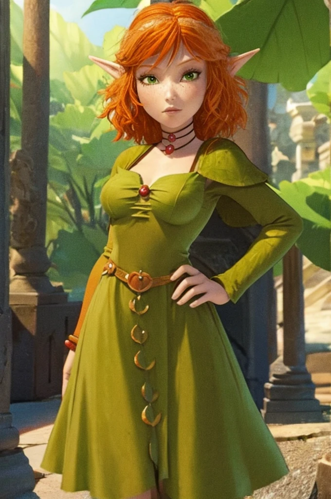 Princess Selenia - Arthur and the Invisibles, cute sexy orange hair elf girl, freckles, green eyes, green dress made of leaves