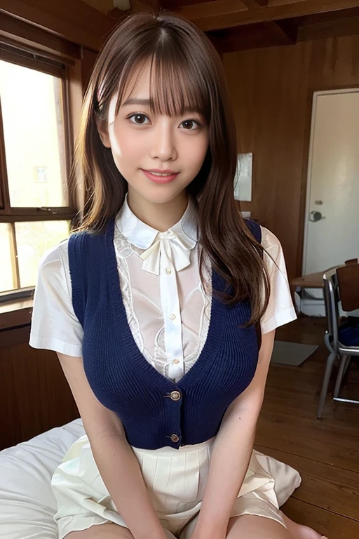 (masterpiece:1.2, highest quality), (realistic, photorealistic:1.4), beautiful illustrations, (natural side lighting, movie lighting), Depth of written boundary,
looking at the viewer, Front view, 1 girl, English, high school girl, 20 years old, perfect face, Cute symmetrical face, shiny skin, open legs,
(bob hair,blonde), asymmetrical bangs, Big eyes, droopy eyes, long eyelashes chest), thin,
beautiful hair, beautiful face, fine and beautiful eyes, beautiful clavicle, beautiful body, beautiful breasts, beautiful thighs, beautiful feet, beautiful fingers,
((fine fabric texture, brown knit vest, short sleeve white collar shirt, navy pleated skirt, Navy bow tie)),
(beautiful scenery), (smile, Upper grade, open your mouth), (skirt lift, panties, genitals visible:1.15)