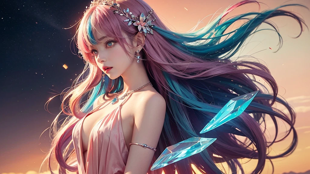 Highest quality,masterpiece,16K,One girl, bangs, Exposing shoulders, chest, flower, dress, From the side, gem,Colorful crystals,Crystal Headwear,There are many 結晶s on the clothes,Colorful Gradient Hair,カラフルなdress,Colorful crystals floating,Body crystals,Crystal Necklace,Colorful crystallization decoration,crystalline girl, Gradient Hair, jewelry, Long Hair, compensate, medium chest, Multicolored Hair, Pink Hair, alone, Pale pink and pale orange background,