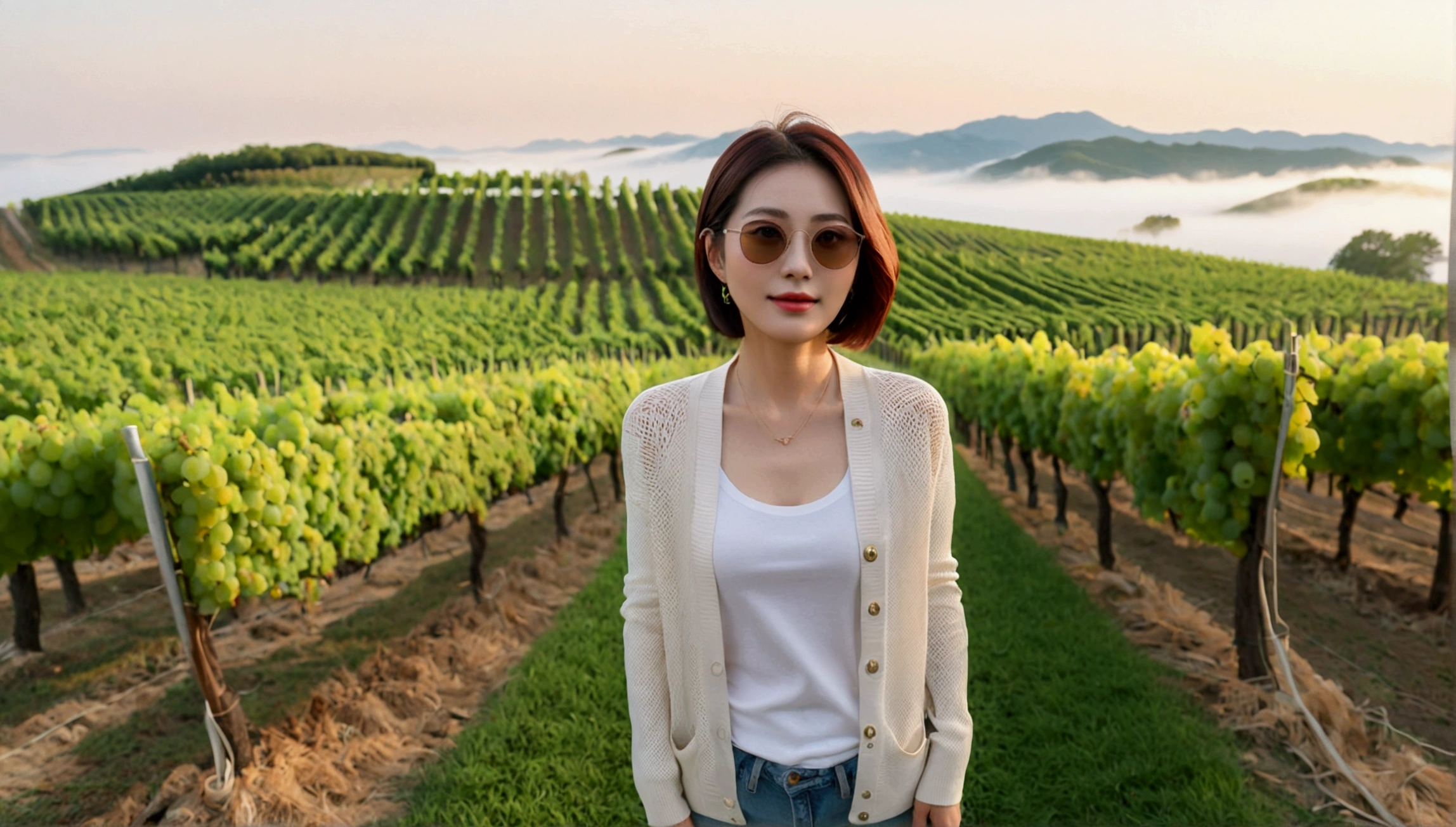 Post Creativity Upscale Transformation Upscale Download Generation Data Prompt Txt2Img 8k Realistic, lifelike photo,, 36 year old Korean woman, Short in stature, pretty like a model. front view, White shirt and short cardigan, casual pants, short medium hair, Smiley, Italy. vineyard, thick dawn fog. vineyard 지나 짙은 안개 속으로 저 멀리 성당이 보인다. Full body shot from afar with a wide angle lens , 1 woman, Short in stature, looking at the camera, Excellent picture quality, The morning fog is thick, The picture quality is alive. Full body shot with Canon 16-35 wide angle lens, Wearing Gucci-type sunglasses and looking up to the side