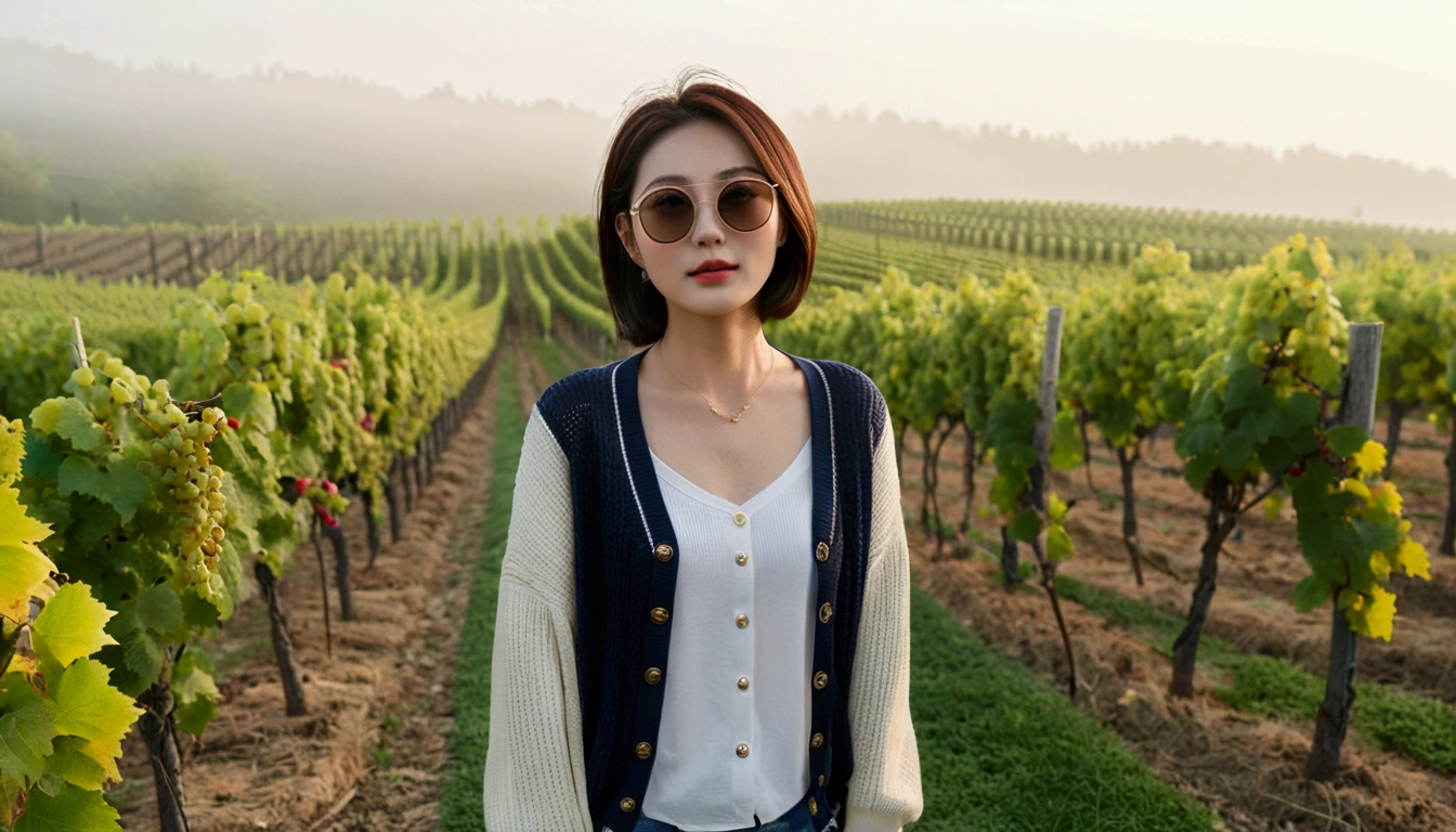 Post Creativity Upscale Transformation Upscale Download Generation Data Prompt Txt2Img 8k Realistic, lifelike photo,, 36 year old Korean woman, Short in stature, pretty like a model. front view, White shirt and short cardigan, casual pants, short medium hair, Smiley, Italy. vineyard, thick dawn fog. vineyard 지나 짙은 안개 속으로 저 멀리 성당이 보인다. Full body shot from afar with a wide angle lens , 1 woman, Short in stature, looking at the camera, Excellent picture quality, The morning fog is thick, The picture quality is alive. Full body shot with Canon 16-35 wide angle lens, Wearing Gucci-type sunglasses and looking up to the side