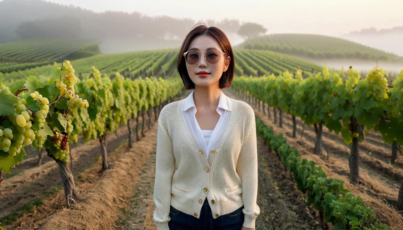 Post Creativity Upscale Transformation Upscale Download Generation Data Prompt Txt2Img 8k Realistic, lifelike photo,, 36 year old Korean woman, Short in stature, pretty like a model. front view, White shirt and short cardigan, casual pants, short medium hair, Smiley, Italy. vineyard, thick dawn fog. vineyard 지나 짙은 안개 속으로 저 멀리 성당이 보인다. Full body shot from afar with a wide angle lens , 1 woman, Short in stature, looking at the camera, Excellent picture quality, The morning fog is thick, The picture quality is alive. Full body shot with Canon 16-35 wide angle lens, Wearing Gucci-type sunglasses and looking up to the side