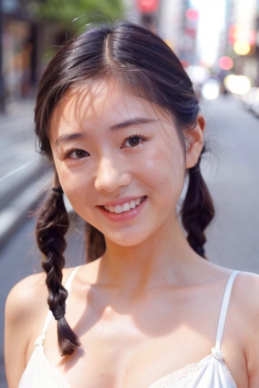 NSFW:1.5,((highest quality、8K resolution、master masterpiece、portrait:1.3)), Photoreal, 35mm film, 1 Japanese female, Upper body、on the street during the day,tassel pigtails、 wrinkles around the eyes, plump body、smile,((white bra_panties:1.3)) , (outdoor:city street 1.3), jumbled background,look at the audience,Tokyo cityscape:1.3,smile