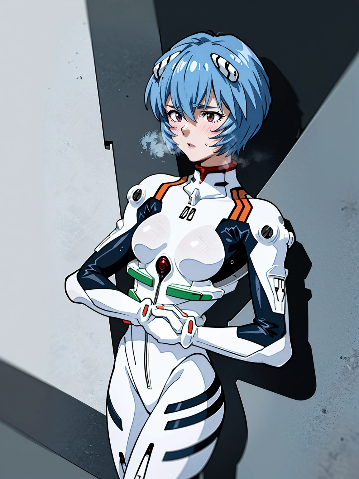 ((Highest quality, 8k wallpaper)),(masterpiece, Highest quality),Very detailed,High resolution,(Official Art:1.3),(((Anime screenshots,Black outline))),One girl,alone, Break mer1,(Rei Ayanami {neon genesis evangelion,}1.2),masterpiece, best quality, outdoor, 1girl, Solo,red eyes,short hair,blue hair, (White plug suit, skintight:1.4), , (((holding own arms, bent legs:1.2))), (Covered in sweat, Mass sweat, Sweating profusely:1.5),