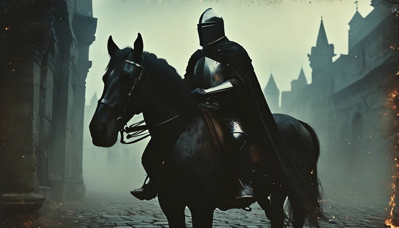 a knight in his shinig armor on his dark horse, in sleek armor black cape, with a sword, in the style of Craig Mullins