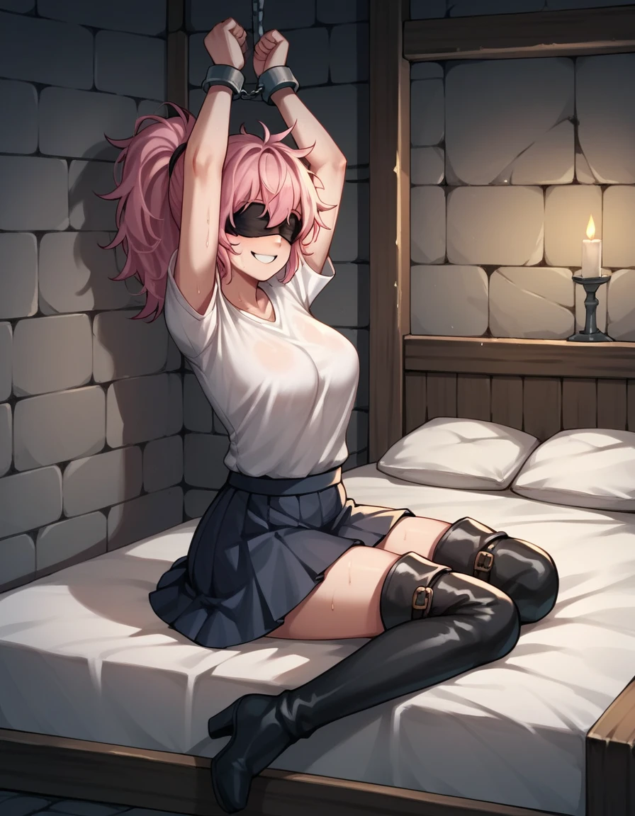 score_9, score_8_up, score_7_up, score_6_up, score_5_up, score_4_up, source_anime, 1woman, bed, bdsm, worth, pink hair, ponytail, blindfold, smile, w-w-chain, shackles, raise arms, messy hair, sweaty shirt, skirt, black thigh boots, night, the solution, dungeon, best quality, best res, 4K UHD,
 