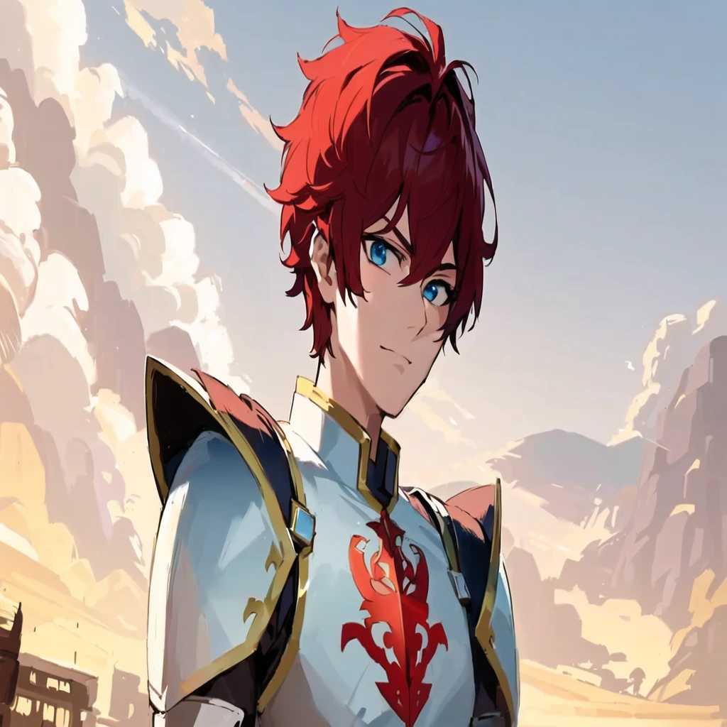 a close-up of a person in armor with a sword, handsome guy in art, maybe the front, male anime character, Cute androgynous prince, impacto genshin do videogame, best anime character design, anime character detailed art, red hair anime boy