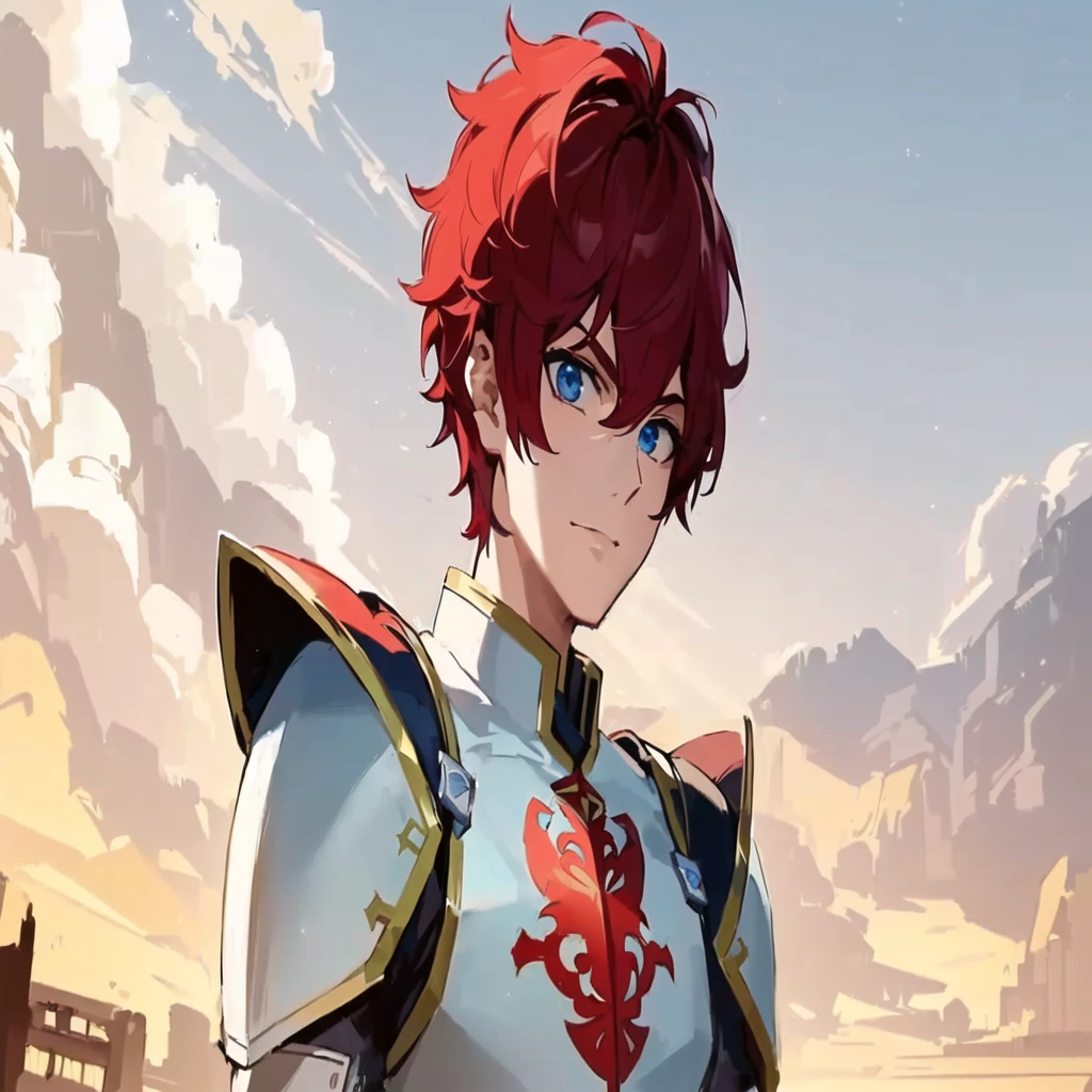 a close-up of a person in armor with a sword, handsome guy in art, maybe the front, male anime character, Cute androgynous prince, impacto genshin do videogame, best anime character design, anime character detailed art, red hair anime boy