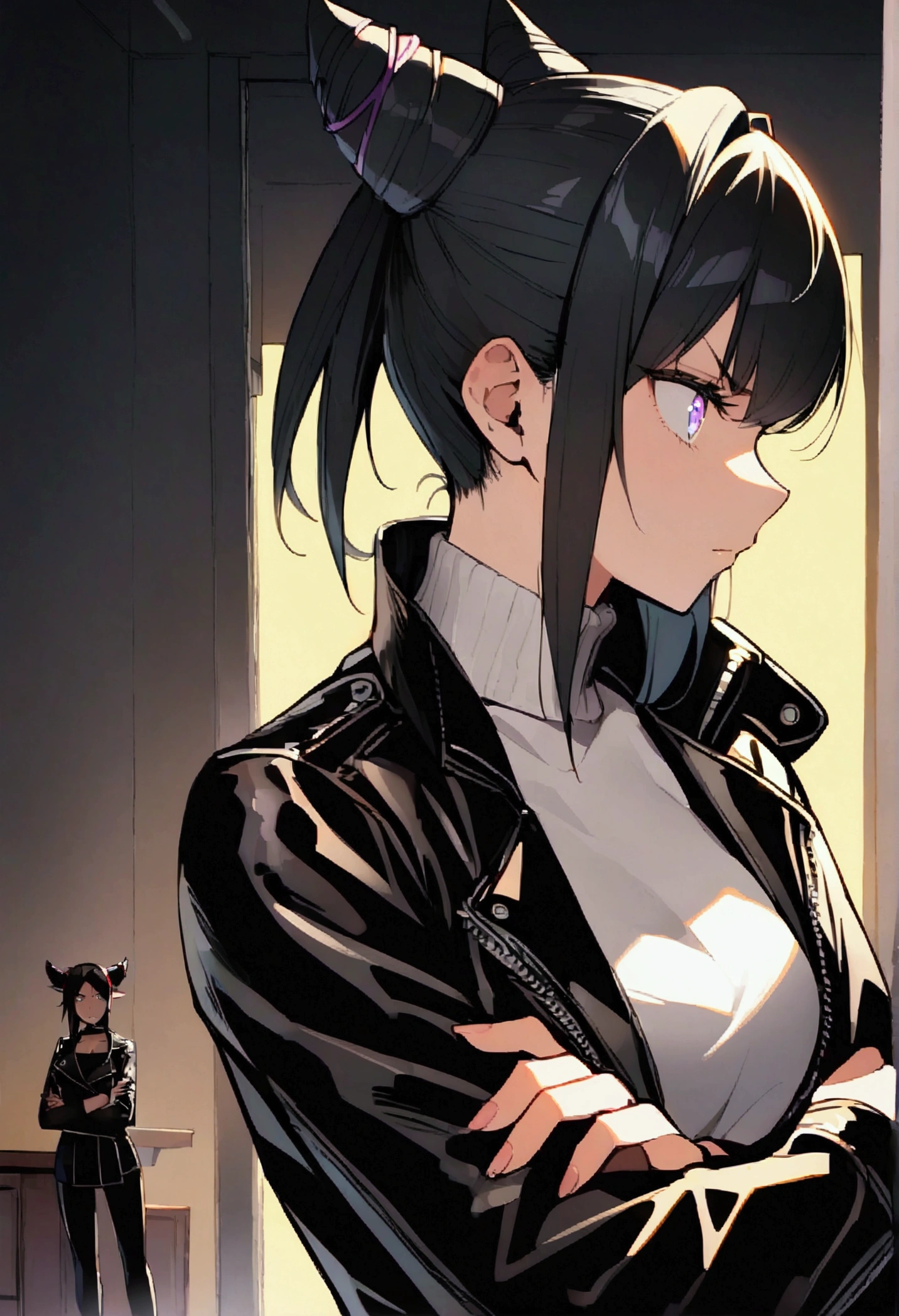 side profile, Juri Han,beautiful young warrior , with a very detailed and beautiful face, gorgeous eyes, gorgeous eyes, gorgeous face, beautiful young woman wearing long black leggings with black details, usando leather jacket preta, standing in an office, wearing black boots, horn hair, with black fringe, , sorriso Malignant ,white sweater with strap around, serious look,usando leather jacket preto, leather jacket,staring overhead,yellow lighting, Malignant,crossed arms,side profile