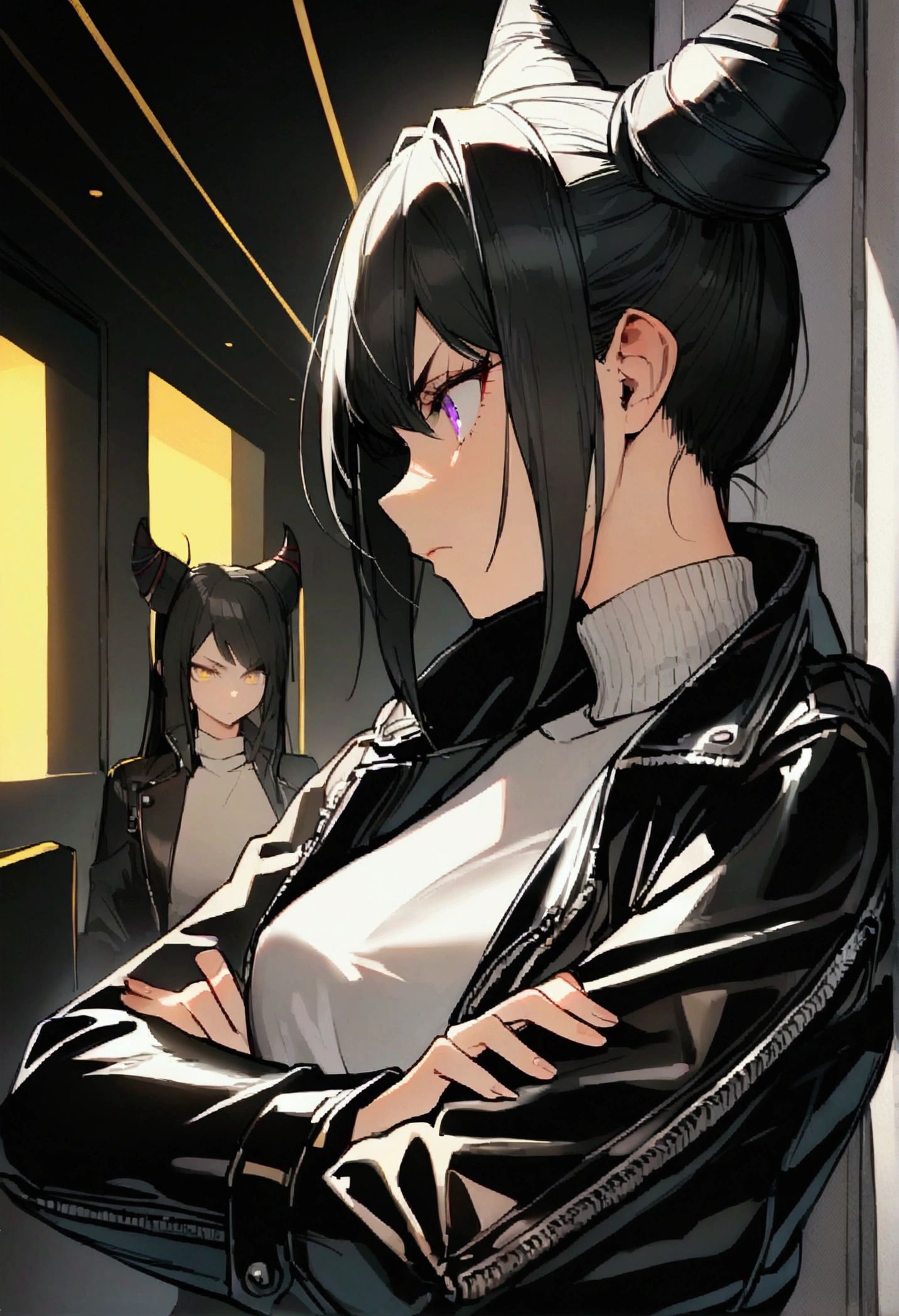 side profile, Juri Han,beautiful young warrior , with a very detailed and beautiful face, gorgeous eyes, gorgeous eyes, gorgeous face, beautiful young woman wearing long black leggings with black details, usando leather jacket preta, standing in an office, wearing black boots, horn hair, with black fringe, , sorriso Malignant ,white sweater with strap around, serious look,usando leather jacket preto, leather jacket,staring overhead,yellow lighting, Malignant,crossed arms,side profile