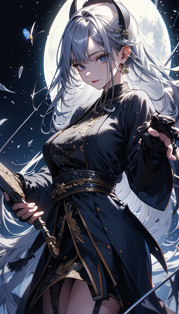 masterpiece, high quality, 4K, Beautiful design, silhouette,Silver Hair, 非常に詳細な夜のStarry Sky,Flower Field, wonderful, Finer details, Very knowledgeable woman,Devil Highly detailed solo, 1 female,Big Breasts,camisole,mini skirt,garter belt,Night view,Starry Sky,full moon,