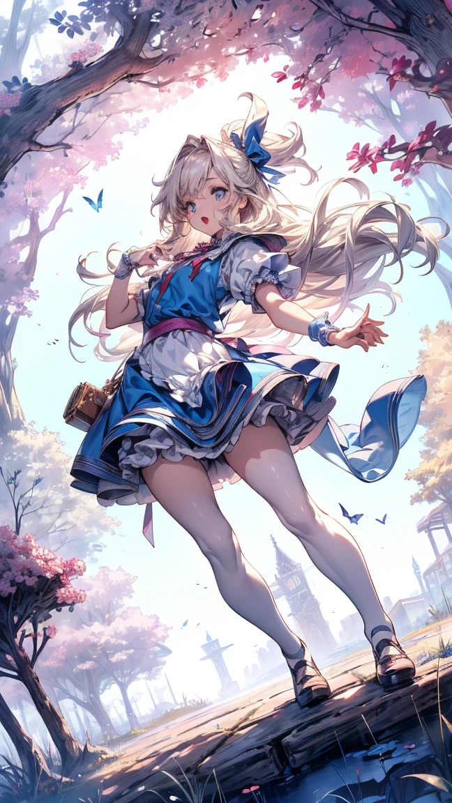 (master piece, high-quality, Mystical, Beautifully Aesthetic, ideal ratio of body proportions, image art, Impresionism), (ultra high resolution, 8K RAW photo, photo realistics, natural lighting, textile shading), (1 cute girl:1.3, solo:1.5, nsfw:1.25, full bodiEsbian), (Fractal), shinny skin, ((alice in the wonderland:1.2, surprising, little opening mouth:1.3)), ((tea cup, tea pot, pocket watch:1.3, keys,)), cuty anime white rabbit, ((dark-Blue dress :1.5, a fluttering miniskirt, White Apron, white stockings)), (big messy long platinum-blonde, tied hair with a ribbon), (Blue eyes, bright pupils with highlights, detailed eyes), ((dutch angle:1.5, full body:1.3)), cinematic image board, Exotic wallpapers, colorful image, fantastic art, fantasy images:1.5, ((correct anatomy:1.5, correct hand)), 