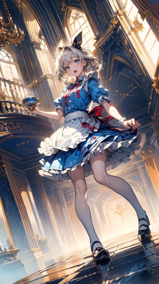 (master piece, high-quality, Mystical, Beautifully Aesthetic, ideal ratio of body proportions, image art, Impresionism), (ultra high resolution, 8K RAW photo, photo realistics, natural lighting, textile shading), (1 cute girl:1.3, solo:1.5, nsfw:1.25, full bodiEsbian), (Fractal), shinny skin, ((alice in the wonderland:1.2, surprising, little opening mouth:1.3)), ((tea cup, tea pot, pocket watch:1.3, keys,)), cuty anime white rabbit, ((dark-Blue dress :1.5, a fluttering miniskirt, White Apron, white stockings)), (big messy long platinum-blonde, tied hair with a ribbon), (Blue eyes, bright pupils with highlights, detailed eyes), ((dutch angle:1.5, full body:1.3)), cinematic image board, Exotic wallpapers, colorful image, fantastic art, fantasy images:1.5, ((correct anatomy:1.5, correct hand)),