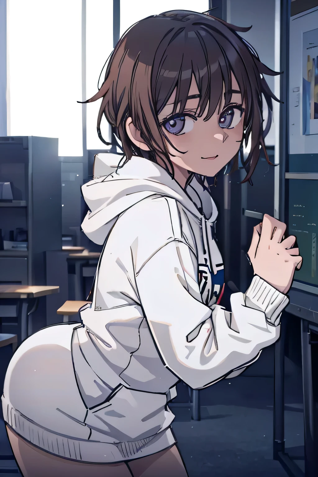 A cute girl in a hoodie, middle short brown hair, smiling, street fashion, elementary school student, (best quality,4k,8k,highres,masterpiece:1.2),ultra-detailed,(realistic,photorealistic,photo-realistic:1.37),detailed eyes,detailed lips,extremely detailed face,longeyelashes,intricate details,warm lighting,soft focus,vibrant colors,cute,adorable,elegant