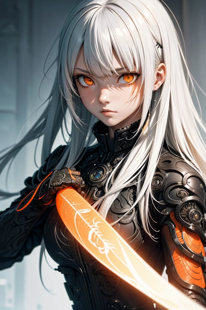 style of Tsutomu Nihei,(incredibly absurdres, (high resolution:1.18), intricate detail, (masterpiece:1.1), (highest quality:1.1), absurdres),(1girl, portrait, white hair, orange eyes, long hair, detailed eyes),