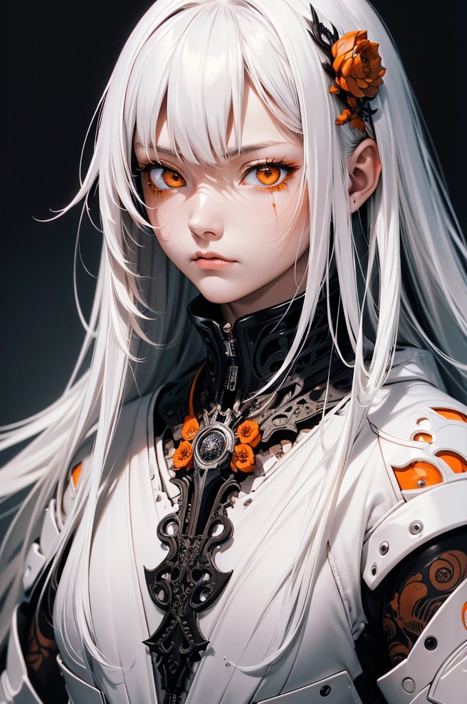 style of Tsutomu Nihei,(incredibly absurdres, (high resolution:1.18), intricate detail, (masterpiece:1.1), (highest quality:1.1), absurdres),(1girl, portrait, white hair, orange eyes, long hair, detailed eyes),