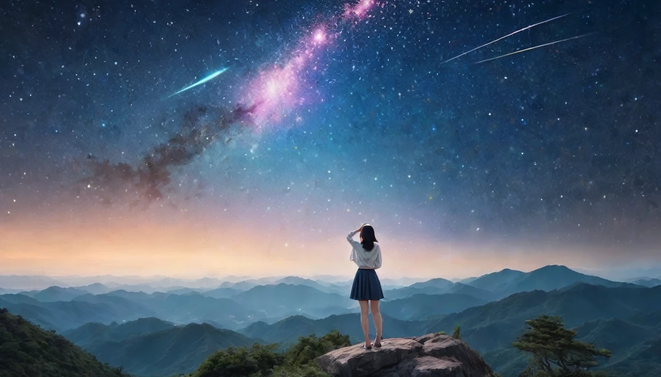a woman looking up at the stars in the sky, floatiung in front of a nebula, falling star on the background, guangjian huang, looking to stars, many stars in sky, starry sky 8 k, shooting star in background, girl looks at the space, during a meteor storm, stars in sky, female actress from korea, meteor shower
