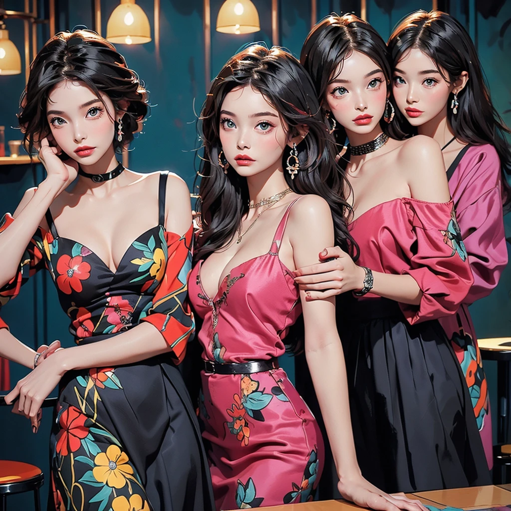 (Masterpiece) (4k) (vivid colors) ((3 women)) (evening light) (Mother and daughters)Family of several striking and sensual women aged between 13 years to 40 years, with the size of their breasts corresponding to their ages dressed modern and realistic