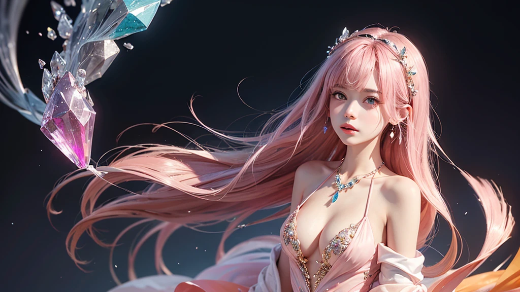 Highest quality,masterpiece,16K,One girl, bangs, Exposing shoulders, chest, flower, dress, From the side, gem,Colorful crystals,Crystal Headwear,There are many 結晶s on the clothes,Colorful Gradient Hair,カラフルなdress,Colorful crystals floating,Body crystals,Crystal Necklace,Colorful crystallization decoration,crystalline girl, Gradient Hair, jewelry, Long Hair, compensate, medium chest, Pink Hair, alone, Pale pink and pale orange background,
