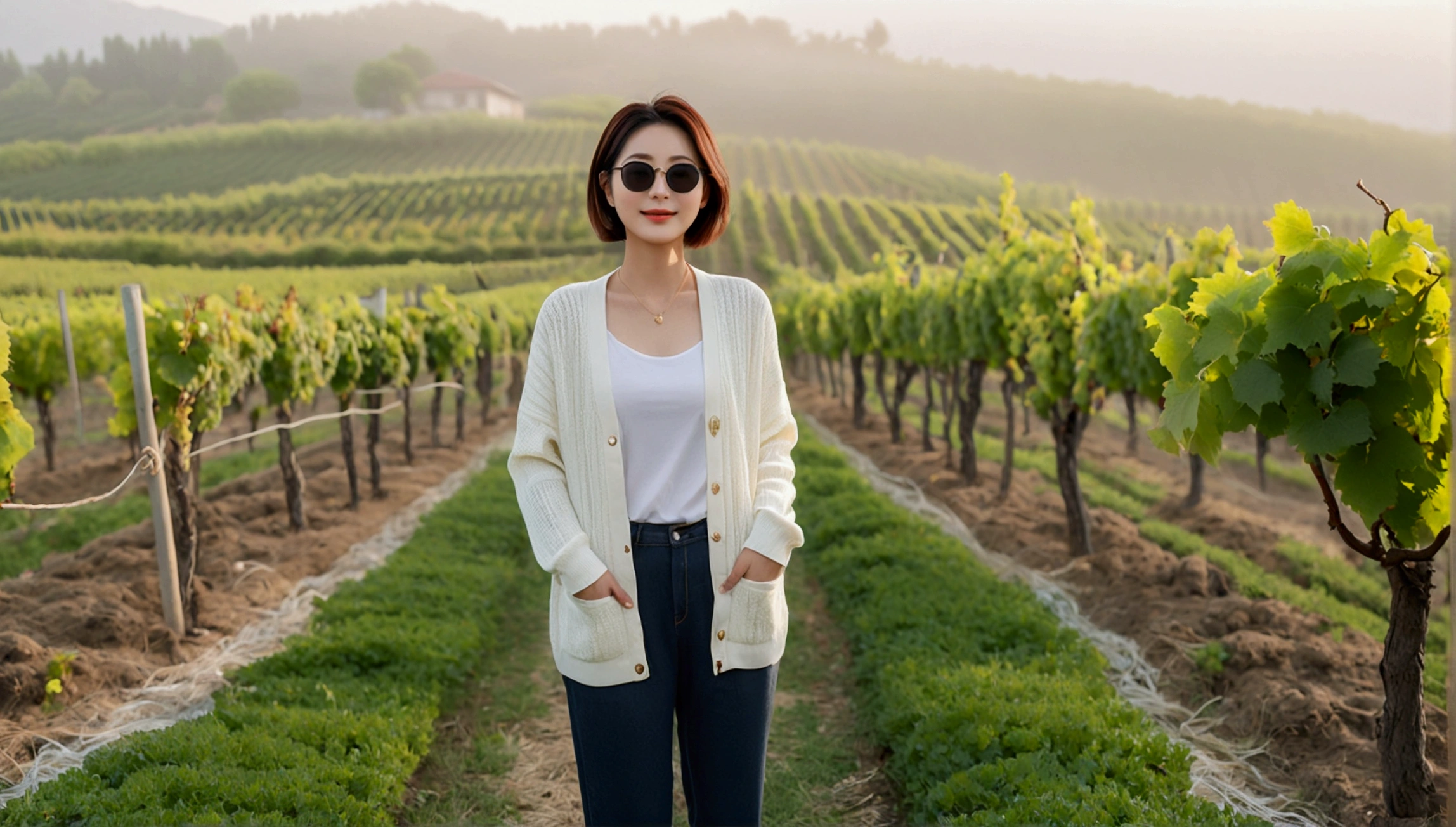 Post Creativity Upscale Transformation Upscale Download Generation Data Prompt Txt2Img 8k Realistic, lifelike photo,, 36 year old Korean woman, Short in stature, pretty like a model. front view, White shirt and short cardigan, casual pants, short medium hair, Smiley, Italy. vineyard, thick dawn fog. vineyard 지나 짙은 안개 속으로 저 멀리 성당이 보인다. Full body shot from afar with a wide angle lens , 1 woman, Short in stature, looking at the camera, Excellent picture quality, The morning fog is thick, The picture quality is alive. Full body shot with Canon 16-35 wide angle lens, Wear sunglasses and look up to the side