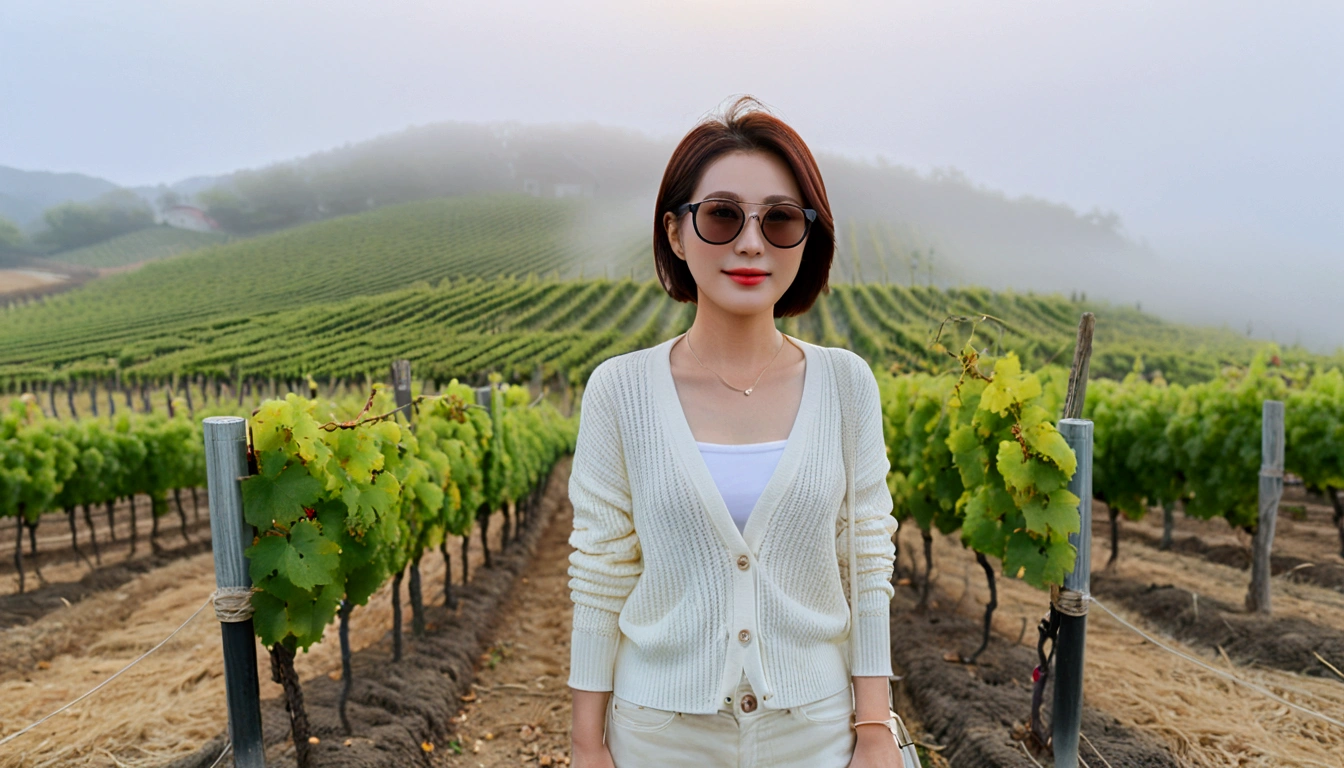 Post Creativity Upscale Transformation Upscale Download Generation Data Prompt Txt2Img 8k Realistic, lifelike photo,, 36 year old Korean woman, Short in stature, pretty like a model. front view, White shirt and short cardigan, casual pants, short medium hair, Smiley, Italy. vineyard, thick dawn fog. vineyard 지나 짙은 안개 속으로 저 멀리 성당이 보인다. Full body shot from afar with a wide angle lens , 1 woman, Short in stature, looking at the camera, Excellent picture quality, The morning fog is thick, The picture quality is alive. Full body shot with Canon 16-35 wide angle lens, Wear sunglasses and look up to the side