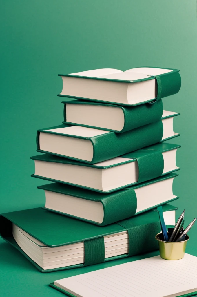 Create a picture, image of a book, pen, roll of paper, stack of notebooks, green background