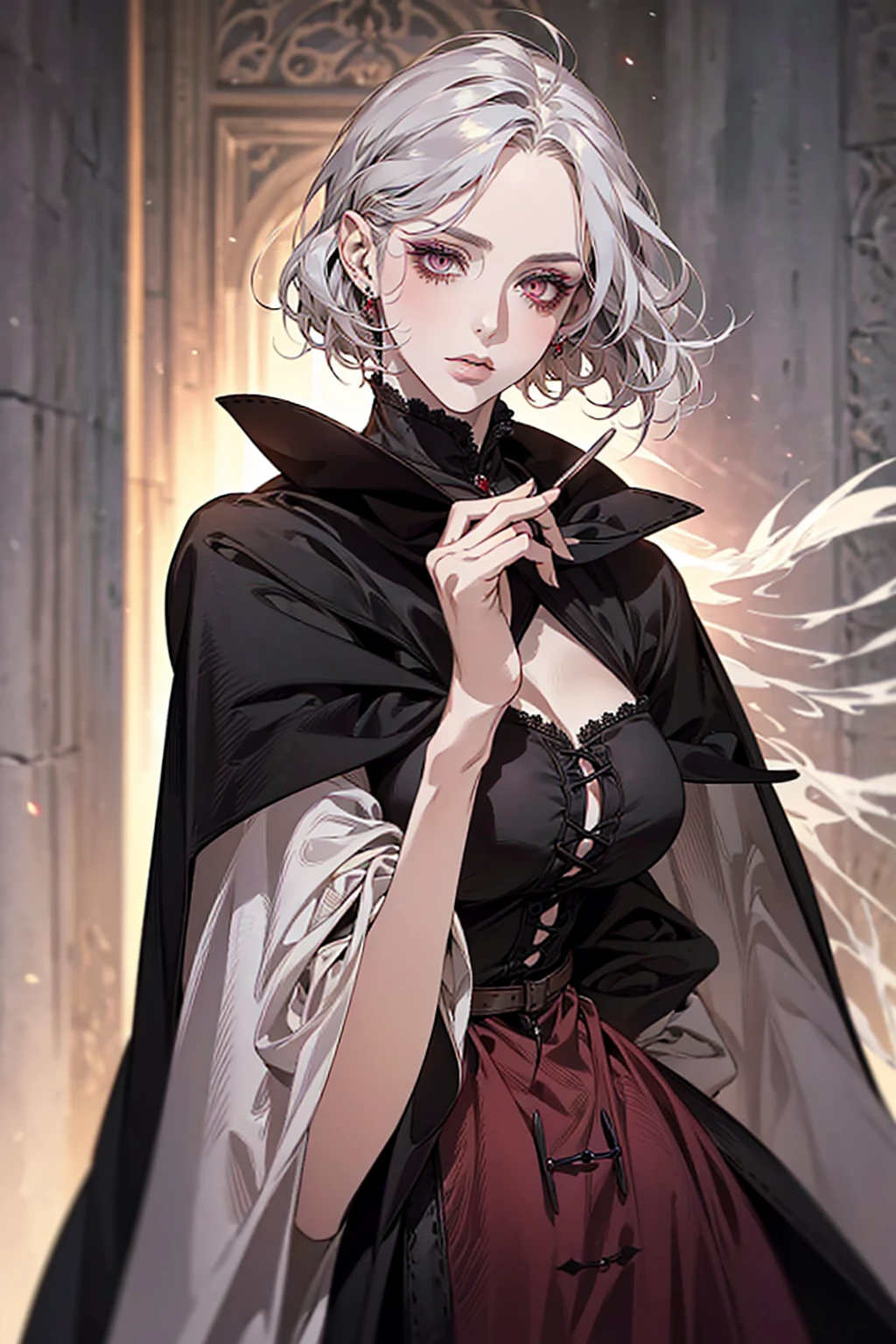 femme de 50 ans, Middle-aged European, ((trentenaire)), solo, medieval tavern, [ghotic] full lips, androgyne, [[Short hair]], (visage de forme ovale), (Heavenly Nose), wears a cape, peau claire et chaude, [[intense red eyes]], doe eyes, eyeshadow, short hair, very silver hair, very light, wavy hair, elfe ears, Long cils, ((black medieval clothes)), sexy red dress, Glow, ghotic, elegant, tendance sur artstation, makeup, lipstick, inkshadow, (((Masterpiece artwork))), ((best quality)), ((complex detailed)), ((semi-realistic)), (se concentrer uniquement), (visage parfait:1.1), (high detail:1.1), dark