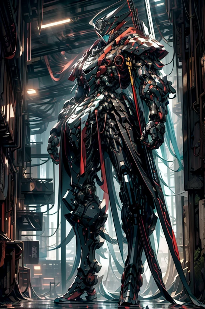 (masterpiece, best quality, ultra-detailed), Shinobi Kage-X1 mecha, 8 meters tall, 15 tons, hybrid-electric propulsion system with silent modules, lightweight composite materials with stealth coating, sleek and agile design, equipped with plasma blades, precision energy blasters, smoke grenade launchers, advanced stealth capabilities, highly agile joints, enhanced sensors for night vision and thermal imaging, standing in a dimly lit urban alleyway, cloaked in shadows, emitting a faint blue glow from its sensors, cyberpunk aesthetic, intricate mechanical details, dynamic pose, cinematic lighting, high-tech environment