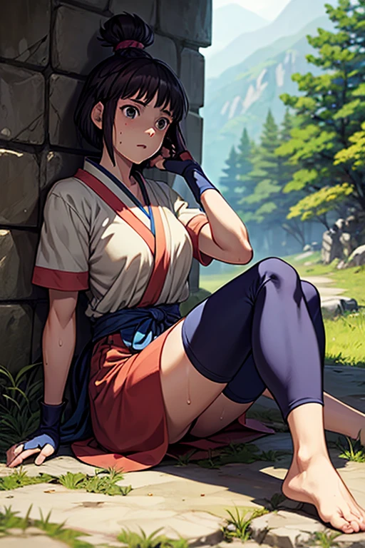 masterpiece, Highest quality, Unreal Engine, Super Resolution, Very detailed,
One Girl, So, Kaya from Princess Mononoke, Topknot, Bobcut, Iris, Blue Japanese clothing,short_sleeve, Fingerless long gloves, feet_warm,barefeet, Physical Beauty, (Muscular:0.8), bold, Observe the audience,
In a sexy pose,
The World of Princess Mononoke, The village where Ashitaka lived, Key Visual,
((Sticky with sweat)),