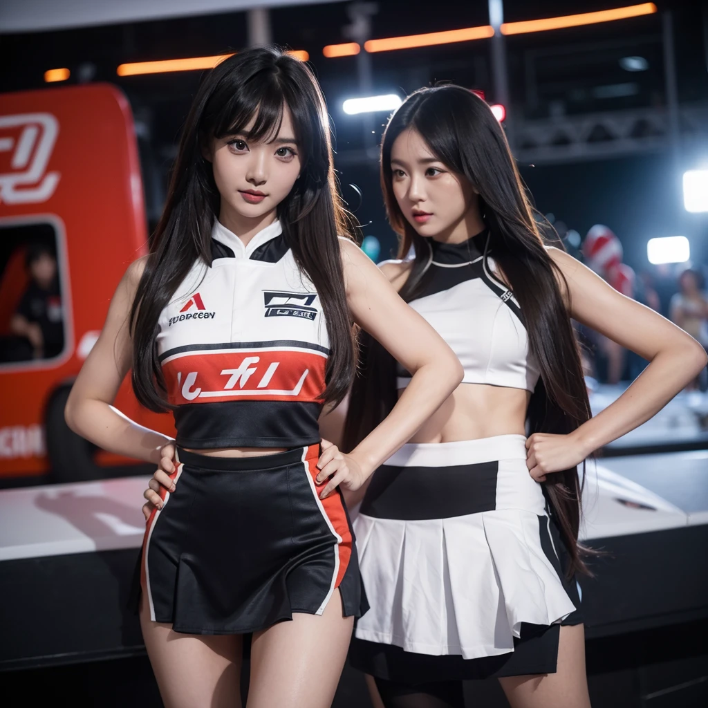 Ultra detailed face、Cool woman、Colorful costumes、F1 Driver Cosplay、Colorful costumes、Clothing with company logo、Grid Girlsのカラフルで派手な衣装、Grid Girls、Perfect Face、Paddock Girls、Harem、motor Show、tights、Bodycon Costumes、Grid Girls、Russia、Grid Girlsのコスプレ、belly button、Pleated skirt、Bodycon Costumes、Photographed in a sexy pose