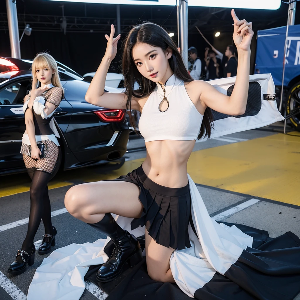 Ultra detailed face、Cool woman、Colorful costumes、F1 Driver Cosplay、Colorful costumes、Clothing with company logo、Grid Girlsのカラフルで派手な衣装、Grid Girls、Perfect Face、Paddock Girls、Harem、motor Show、tights、Bodycon Costumes、Grid Girls、Russia、Grid Girlsのコスプレ、belly button、Pleated skirt、Bodycon Costumes、Photographed in a sexy pose