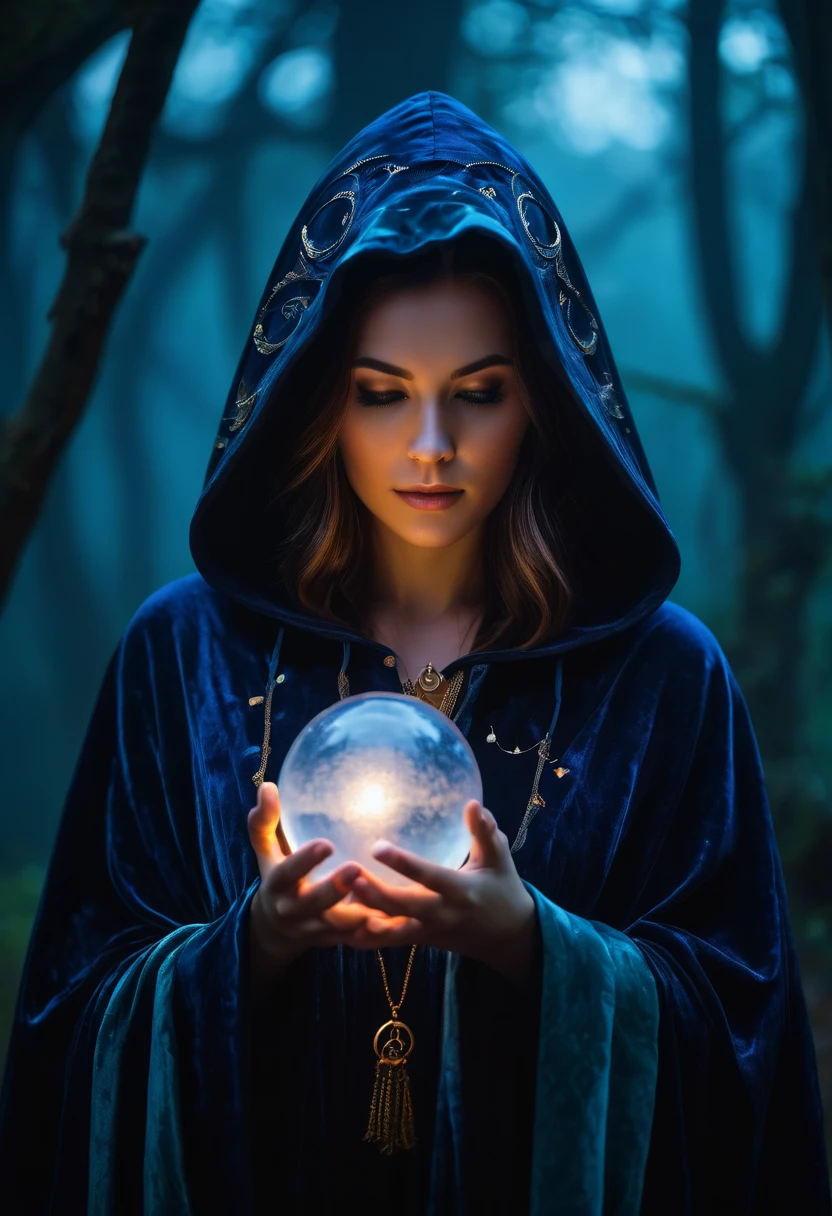 astrologer, 1girl, hooded cloak, occult symbols, mysterious aura, crescent moon, glowing crystal ball, ethereal lighting, fantasy landscape, mist, deep jewel-toned colors, cinematic lighting, dramatic shadows, dramatic, mystical, intricate details