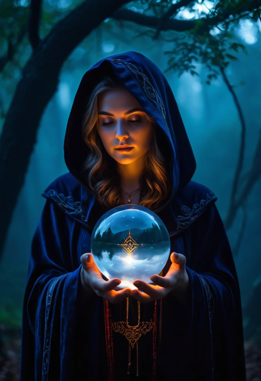 astrologer, 1girl,  hooded cloak, occult symbols, mysterious aura, crescent moon, glowing crystal ball, ethereal lighting, fantasy landscape, mist, deep jewel-toned colors, cinematic lighting, dramatic shadows,  dramatic, mystical, intricate details