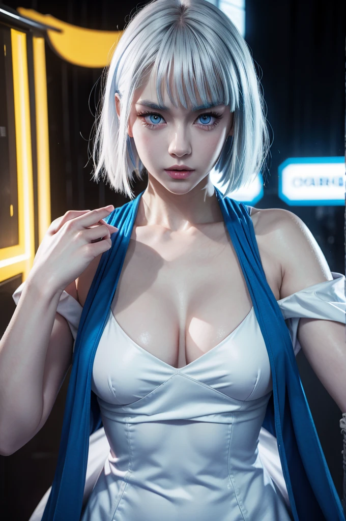 Lucy from cyberpunk anime, realistic, age 25, pure white skin, blue pupils, white bob hair, perfect face, perfect size body, perfect large breasts, white and blue dress, posing to viewer, 8k , ultra realistic.