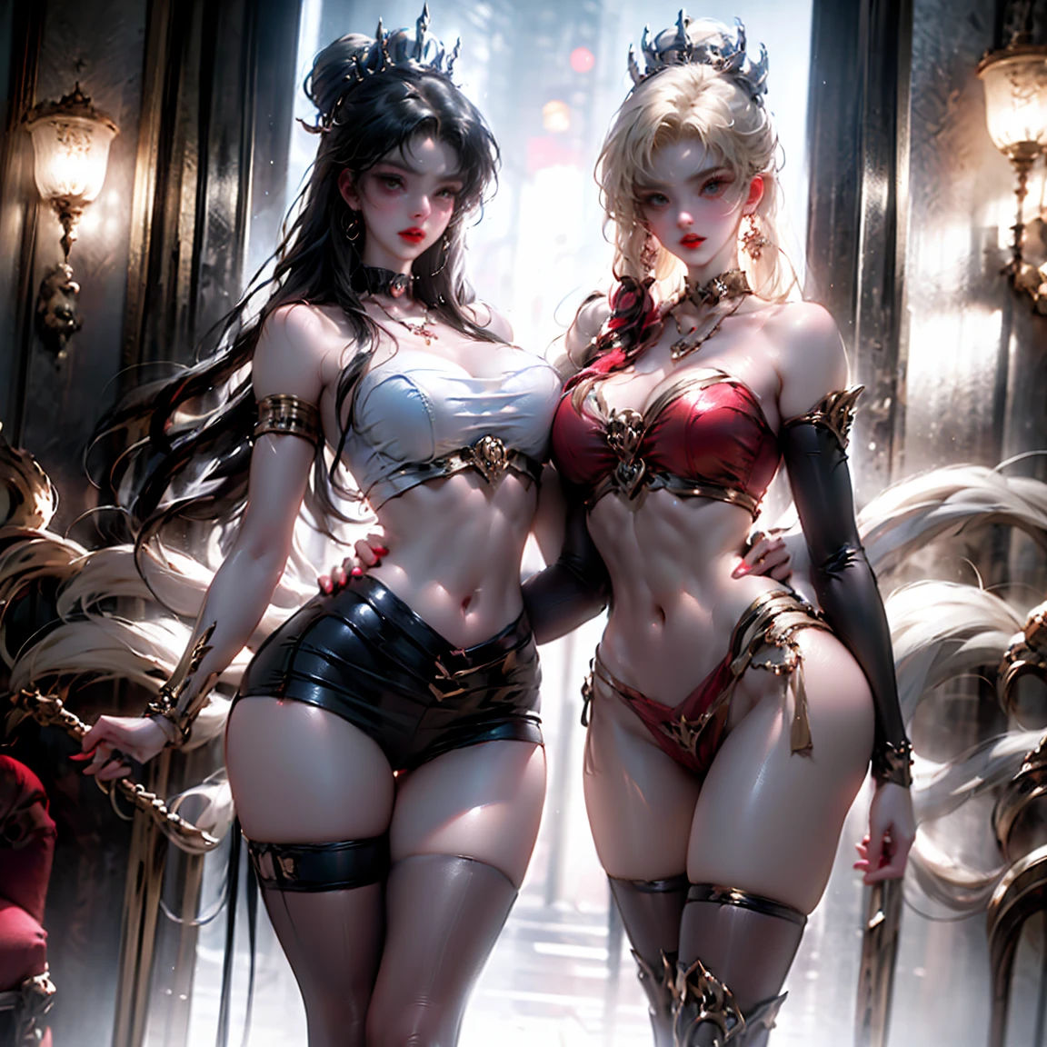 Ultra-clear,Super Resolution,Cute girl,Two girls close contact, 2 girls hugging,Two complete female bodies, Complete two female bodies, Female Love,Sexy, Off-shoulder, window, The rear window is backlit, (Rim Light), Deep understanding, lust, Very shy, ( Reflector lamp), Long legs and chest), Slim waist, Perfect body, Perfect hands, blond hair, purity, Jewelry, necklace, Earrings and Nipple Rings, crown, bookshelf, teapot, Magic Items,Mirror,snake,Tentacles,Cthulhu,occultism,Low-light photography, Hip chuck, Glowing skin, Almost no clothes, Wear only semi-transparent clothing,Almost naked,Lopez, Pretty face, Sexual arousal, Sexual Expression, Hazy Beauty, Camel toe, Anatomically correct, 全身Female Love, Slender legs and waist,Big breasts and thin waist: 2,Sharp focus,The bones are straight,Correct body anatomy,Perfect anatomy,Bigger breasts,Big breasts are beautiful,Big Breasts,Especially huge,Sexy bulge,Thin legs,Thin ankles,Dramatic lighting,Vibrant details,Red Eyeshadow,make up,Full lips,Red lips, short hair: 2.0,chiffon,Tight waistband,chiffon手套,see through:2.0,blush,淡粉色Camel toe,Sex slave,Lewd,bursting massive breasts, Sex addict,flush,Less clothing area