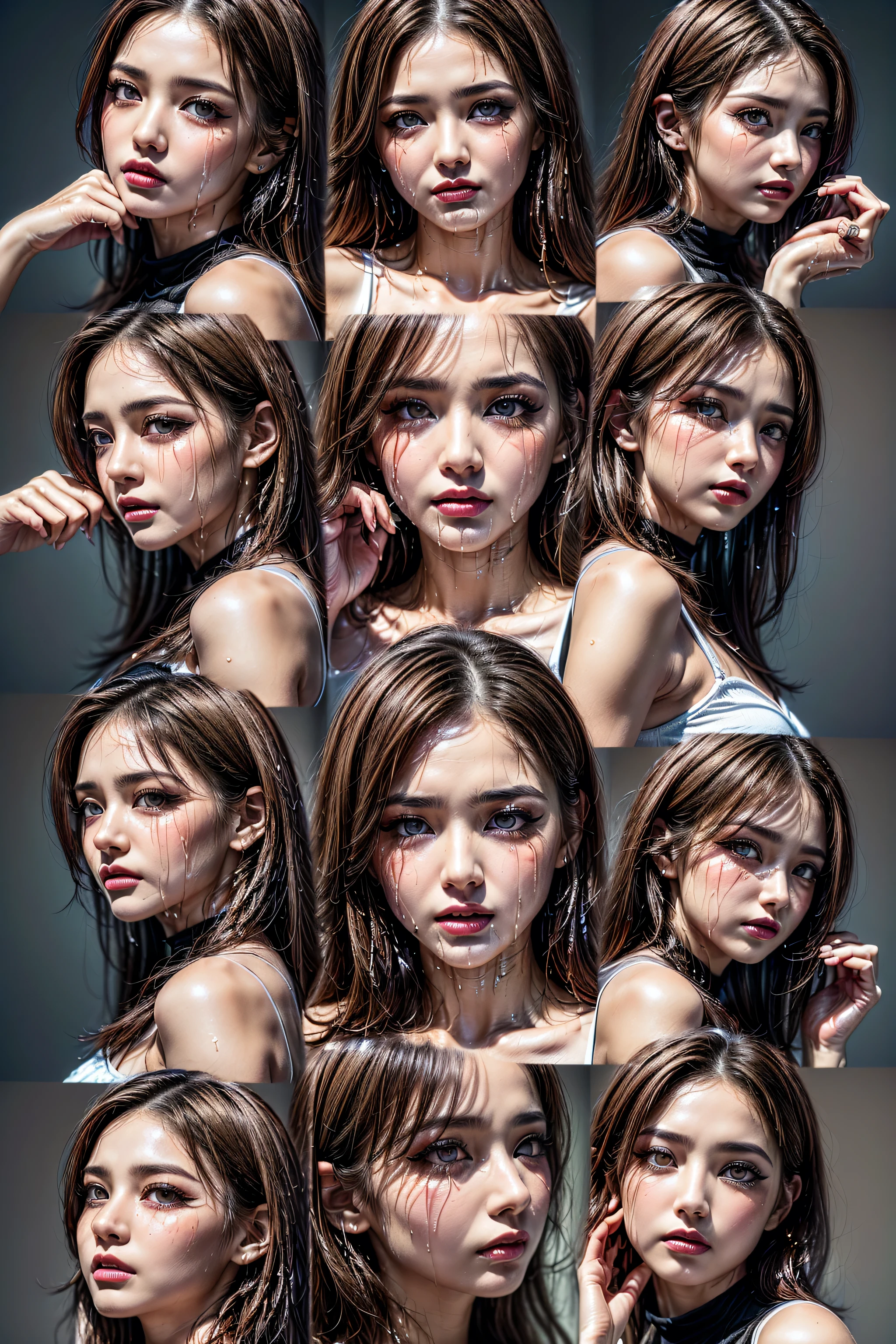 (woman royal style, emoji pack), (sleepless woman, wearing suit:1.22)，((Emoji design sheet))，Align arrangement, ((Poses and Expressions)), (upper body),（black strokes, (different emotions, various facial expressions:1.4), (6 expressions of the same character:1.6))，(photorealistic Realism 16K Quality), (ultra-fine digital art), intricately detailed, (High resolution Emoji design sheet:1.2), ((Are crying,beautiful,Very detailed,Watery eye,Wet eyelashes,emotional expression,Intense sadness,Dripping tears:1.3)), highly detailed, The finer details, Complex, (the most absurd quality perfect eyes), (ultra detailed beautiful face), (light pale complexion),  (short blond hair:1.23). BREAK, ((perfect eyes,  absurd quality, extremely details, high resolution, clear not blurry, Realistic brown_eyes:1.4)), (finely quality, perfect round eyes), (finely detailed pupils), 