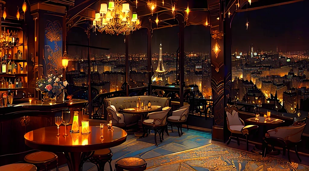 arafed view of a bar with a view of the city, cozy atmosphere, intricate sparkling atmosphere, by Etienne Delessert, magical atmosphere, by Raphaël Collin, cosy atmosphere, beautiful ambiance, very smoky paris bar, with eiffel view, pleasant cozy atmosphere, gorgeous atmosphere, luxurious environment, by Alexander Bogen, set in tokyo rooftop