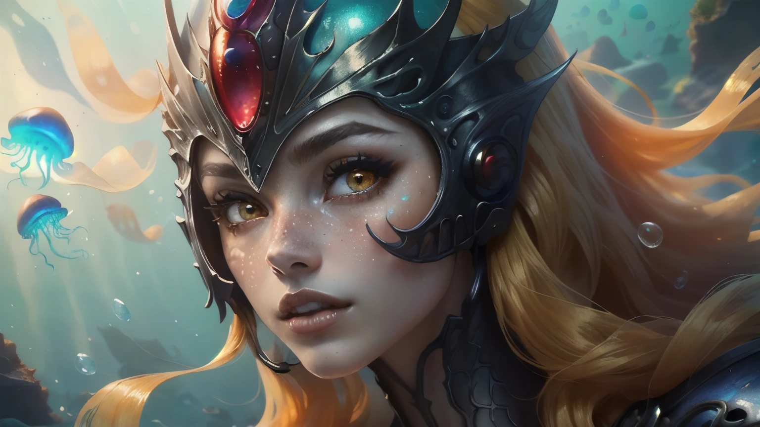masterpiece, best quality), intricate details, (Best quality)), ((masterpiece)), ((realistic)), (hyperrealism:1.2), (fractal art:1.2), (1girl), (perfect face:1.3), ((red long hair)), extreme detailed eyes, colorful, highest detailed, Nami, fishbody, mermaid, scales, tail, water, ocean, waves, orange eyes, freckles, yellow green hair, (mermaid), (detailed fish), (glowing jellyfish, shining jellyfish:1.2), (bubbles:1.2), seaweed, (under the sea), water streaks, vibrant colors, high contrast, (8K UHD:1.2), (photorealistic:1.2), wearing dark grey metallic facial knight helmet with red ruby in center, dark grey metallic necklace, wearing dark grey metallic battle armor, faint red in the ocean in the background, blue glow around her helmet and armor