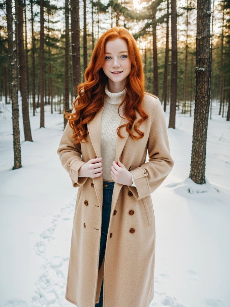 A happy, full body beautiful photo of the most beautiful redhead young woman, natural beauty, no makeup with pale skin, long wavy rich ginger hair, blue eyes, hollow cheeks, freckles on face and body, wearing an elegant sweater and aesthetic long feminine trench coat in a snowy forest (Ultra details, High Quality)