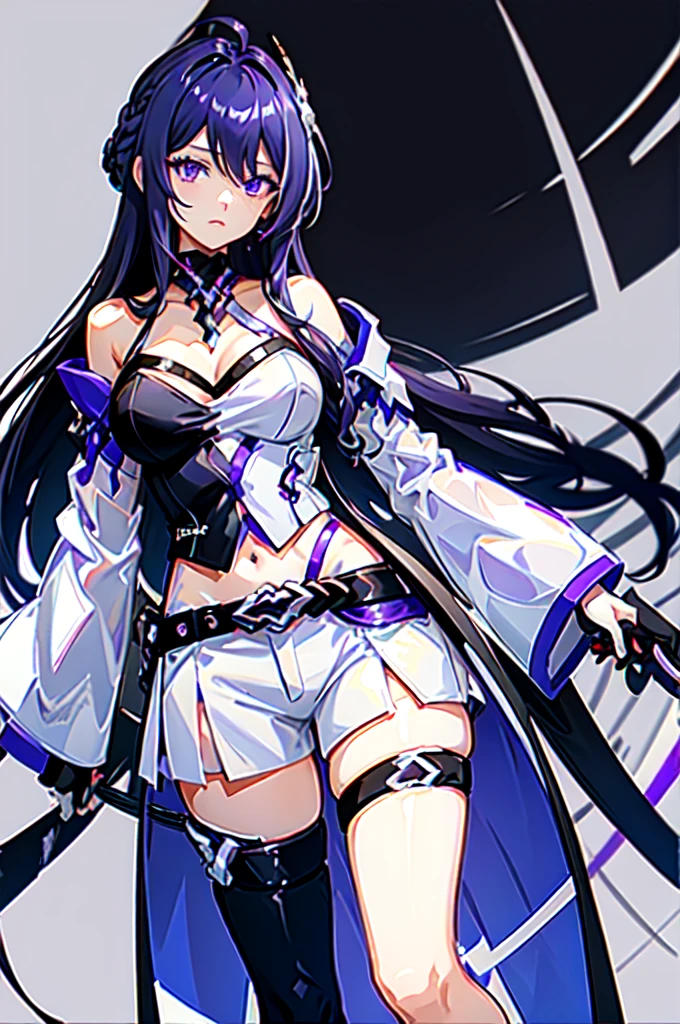 acheron, 1girl, solo, purple hair, purple eyes, hair over one eye, white acheron outfit, standing, facing viewer, hand on hip, . hair ornament, white background:1.2,