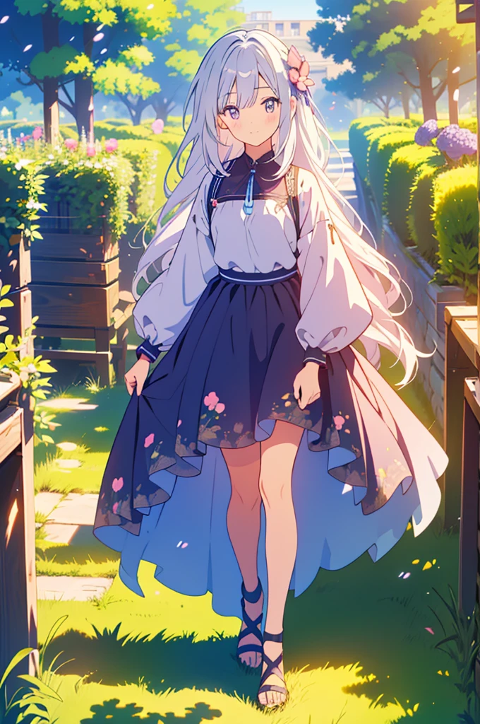 kawaii, anime, Cute, hyper quality, highly detailed, 16k, Clarity, full body, one twenty year old woman, Shining long silver hair, lapis lazuli eyes, verbena flower, verbena flower field, purple verbena flowers, pink verbena flowers, Walk along the flower brick path, walk, He has a black cat at his feet., clear sky, particles of light, shrubbery barbera flowers, Draw facial expressions in detail, wink,