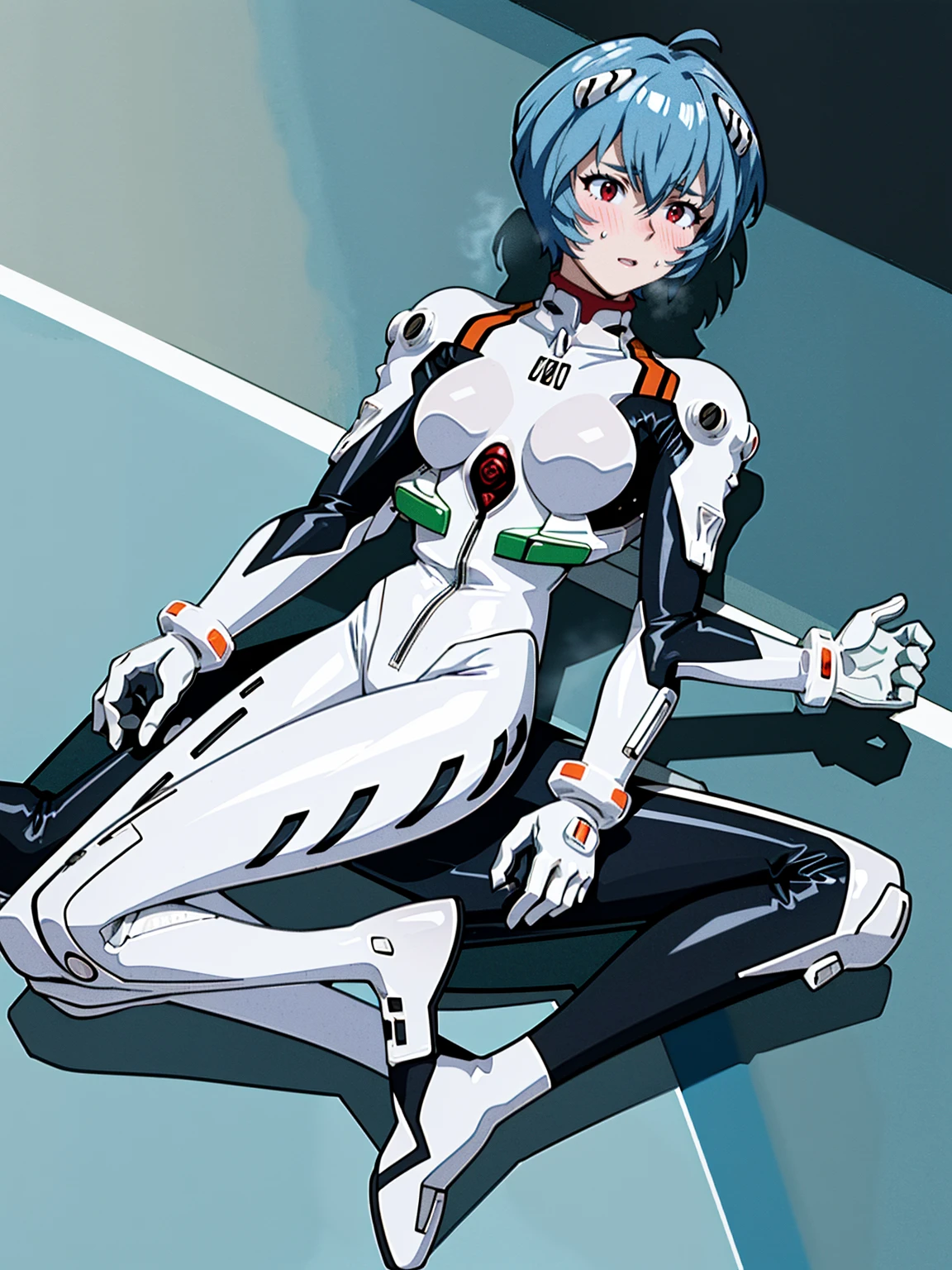 ((Highest quality, 8k wallpaper)),(masterpiece, Highest quality),Very detailed,High resolution,(Official Art:1.3),(((Anime screenshots,Black outline))),One girl,alone, Break mer1,(Rei Ayanami {neon genesis evangelion,}1.2),masterpiece, best quality, outdoor, 1girl, Solo,red eyes,short hair,blue hair, (White plug suit, skintight:1.4), , (((holding own arms, bent legs:1.2))),  (Covered in sweat, Mass sweat, Sweating profusely:1.5),