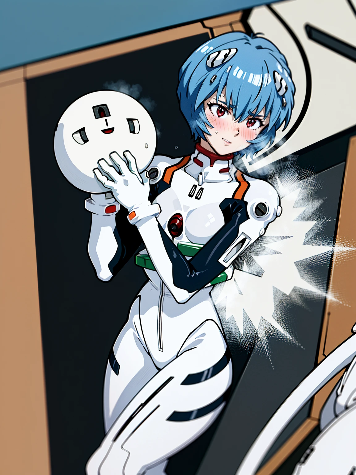 ((Highest quality, 8k wallpaper)),(masterpiece, Highest quality),Very detailed,High resolution,(Official Art:1.3),(((Anime screenshots,Black outline))),One girl,alone, Break mer1,(Rei Ayanami {neon genesis evangelion,}1.2),masterpiece, best quality, outdoor, 1girl, Solo,red eyes,short hair,blue hair, (White plug suit, skintight:1.4), , (((holding own arms, bent legs:1.2))),  (Covered in sweat, Mass sweat, Sweating profusely:1.5),